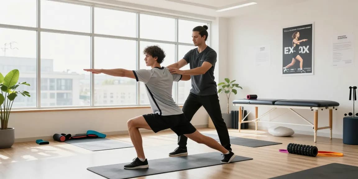 Sports therapy burlington session with therapist guiding athlete through stretching techniques in modern clinic.