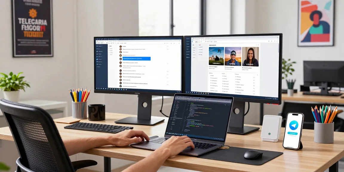 Using Telegram Web Version on dual monitors in a stylish tech workspace.