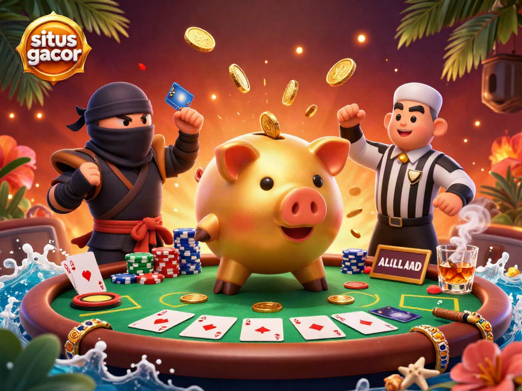 Engage with situs gacor’s vibrant 3D depiction of a sumo wrestler piggy bank amid poker elements for an immersive gaming experience.