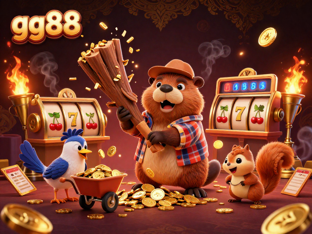 Experience exciting jackpot wins at GG88 while a beaver collects gold coins from a casino-themed adventure.