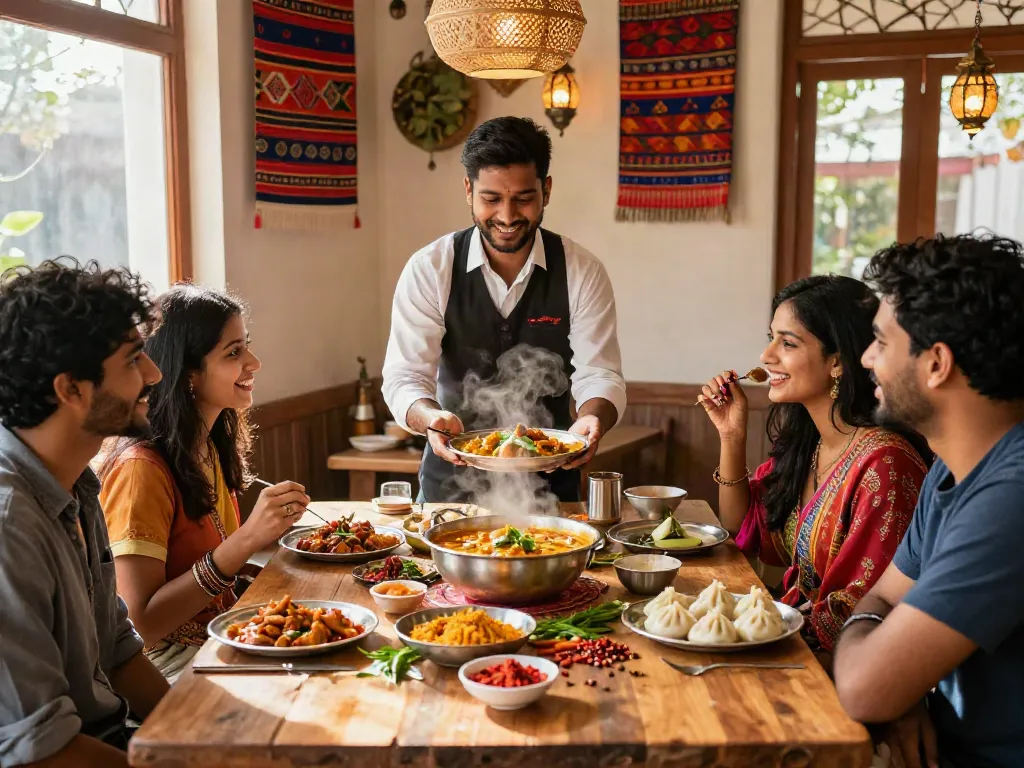 Enjoying delicious rokok88 login curry and momo with friends in a colorful restaurant setting