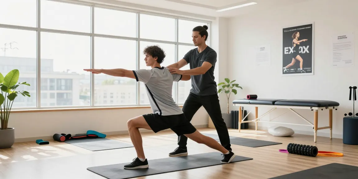 Sports therapy burlington session with therapist guiding athlete through stretching techniques in modern clinic.