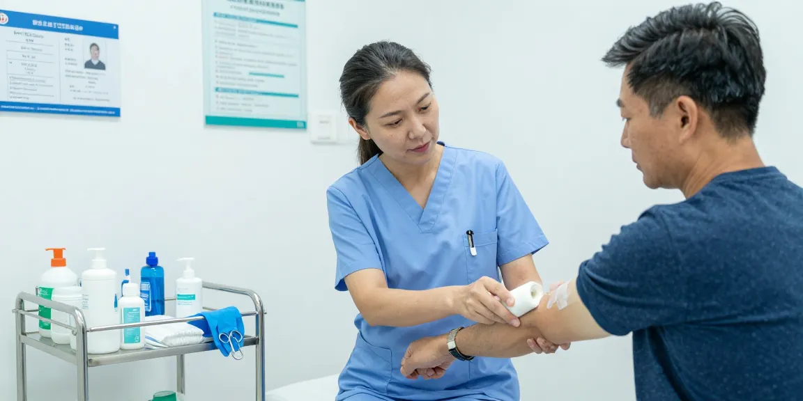 Nurse applying a gauze roll with care to a patient’s arm in a clinical setting, showcasing professional wound care.