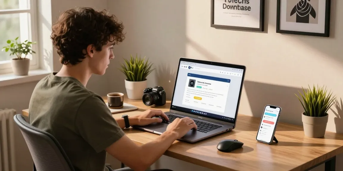 WPS Download in a modern home office with a young professional focused on the laptop screen.