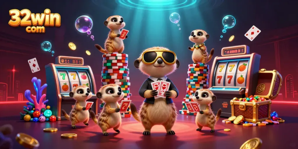 Experience the incredible excitement of 32win com with meerkats managing a vibrant casino scene full of games and treasures.