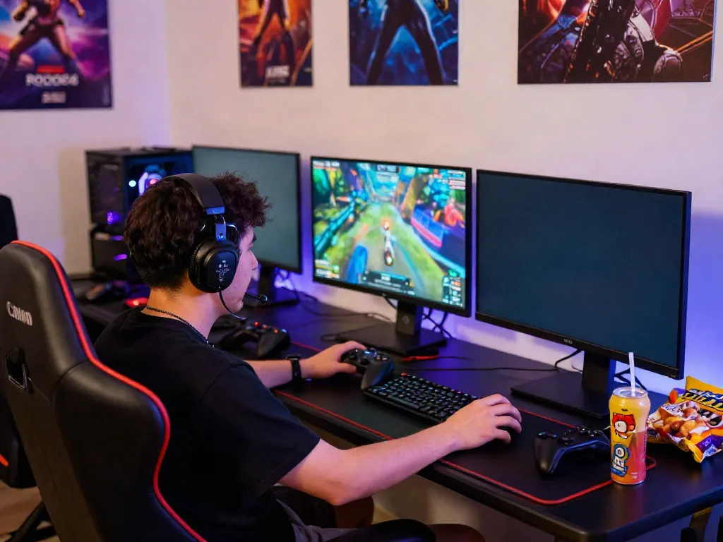 Player utilizing rokok88 login on a vibrant gaming setup with dynamic lighting and game graphics.