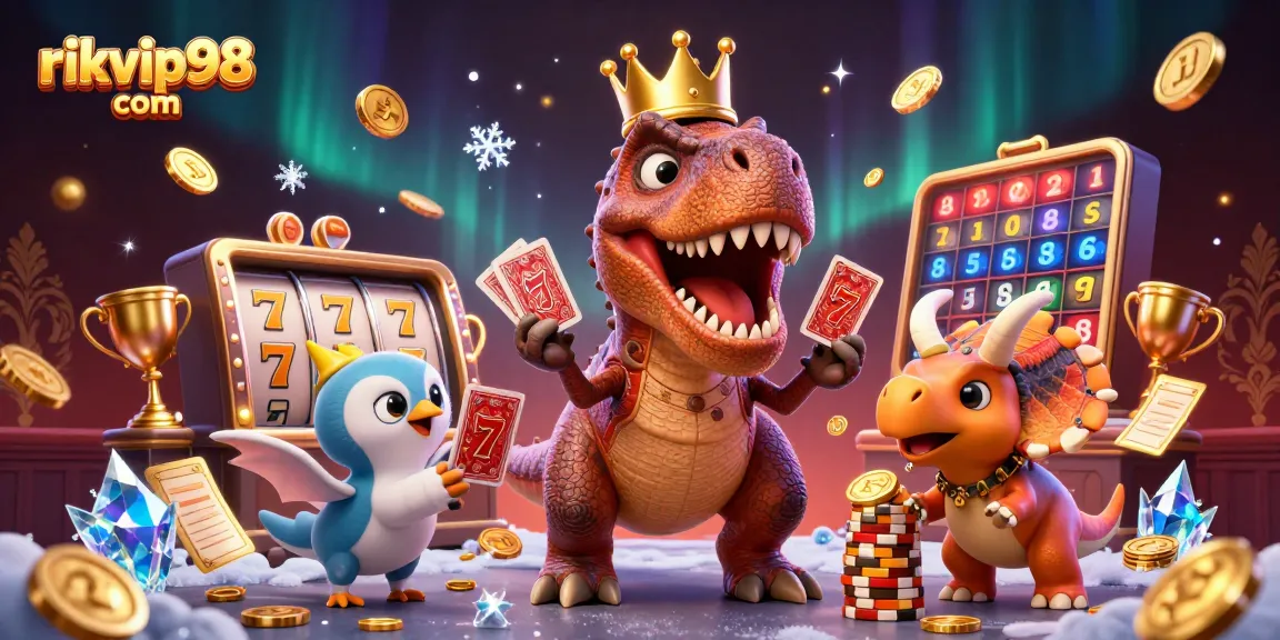 Join the fun at rikvip98 com with a T-Rex shuffling cards and stacking chips in a vibrant casino scene.