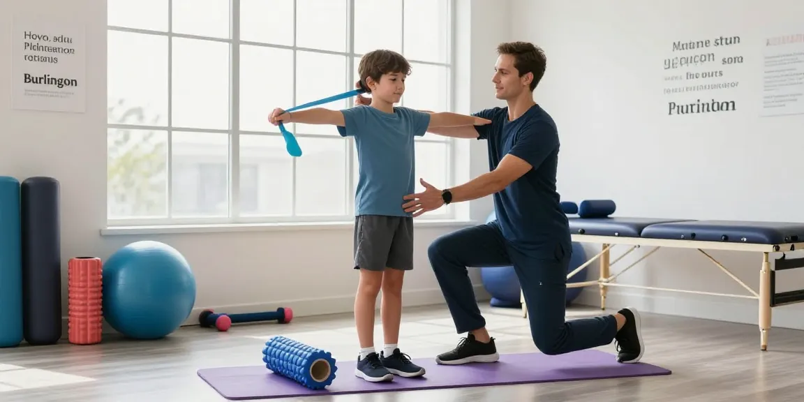 Sports therapy burlington scene with therapist assisting an athlete in recovery and training with resistance bands in a well-lit clinic.