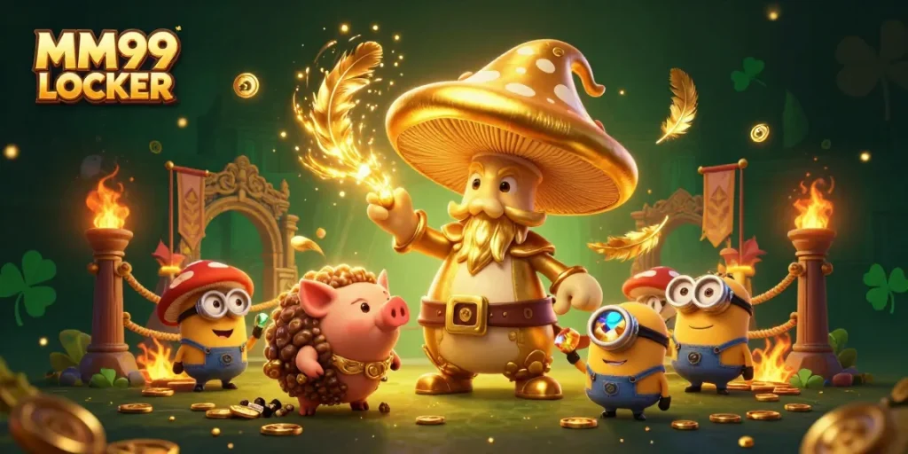 Experience the thrill at MM99 LOCKER with massive golden treasures and mystical elements in a vibrant casino setting.